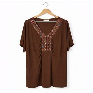 Cato Brown Bohemian Beaded Flowy Plus Size Tunic 26/28